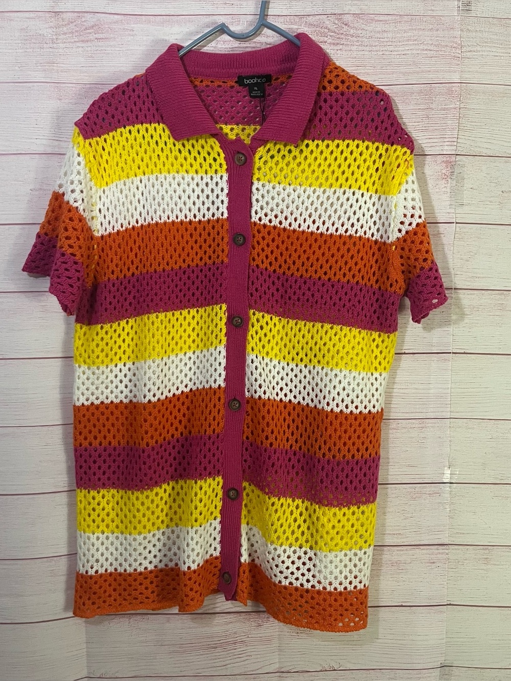 Boohoo Multicolor Block Stripe Crochet Shirt Size XL